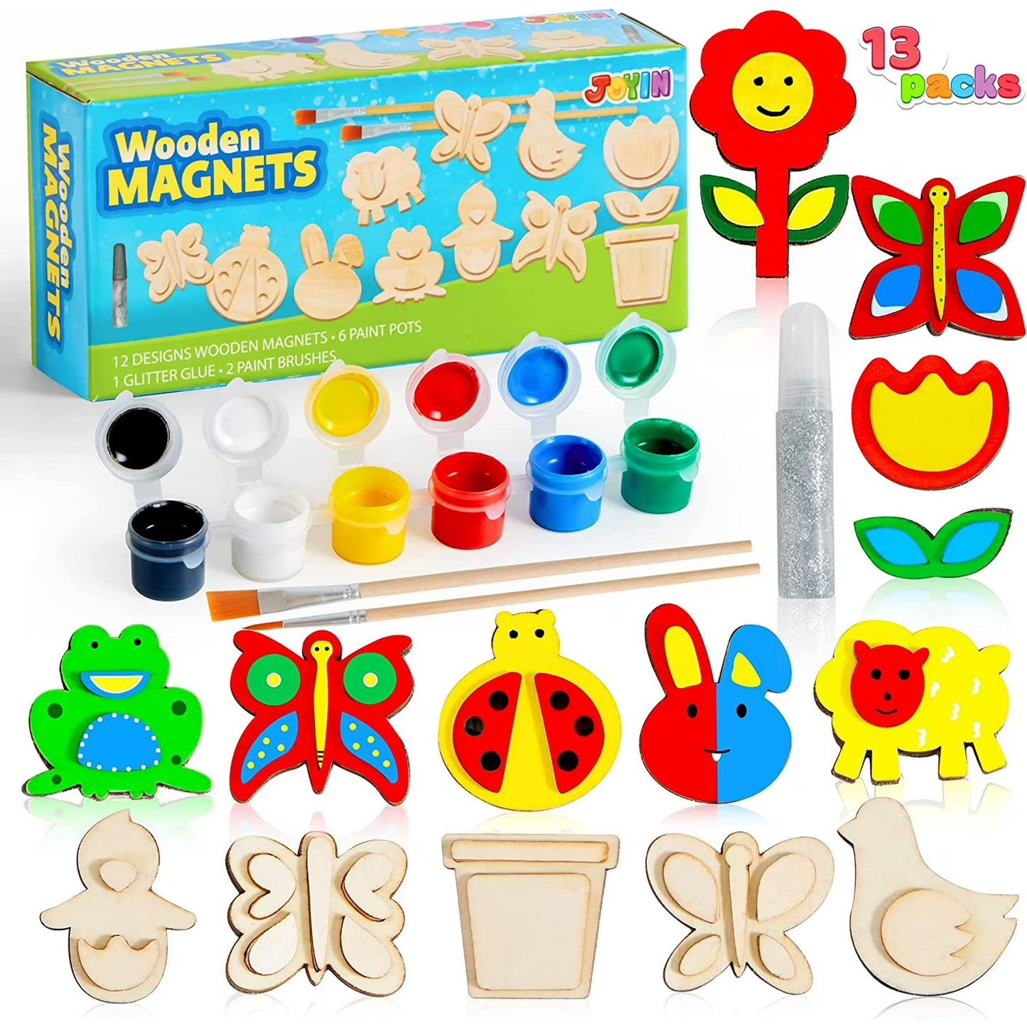 JOYIN 13 Wooden Magnet Creativity Arts & Crafts Painting Kit Party Favors for Boys Girls 1-5 Years