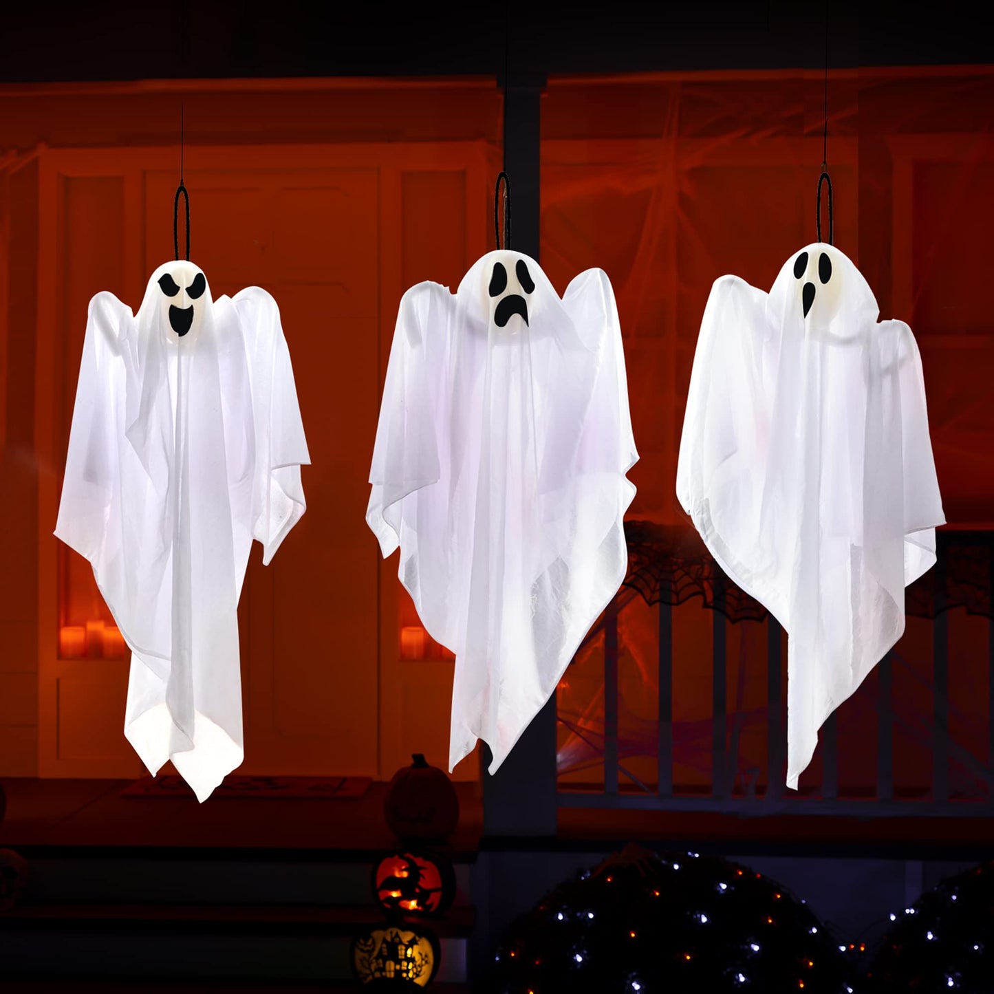 Joyfy 3 Pcs Halloween Hanging Ghosts Decorations,27.5" Cute Flying Ghosts Outdoor Hanging Halloween Decorations Yard Decorations