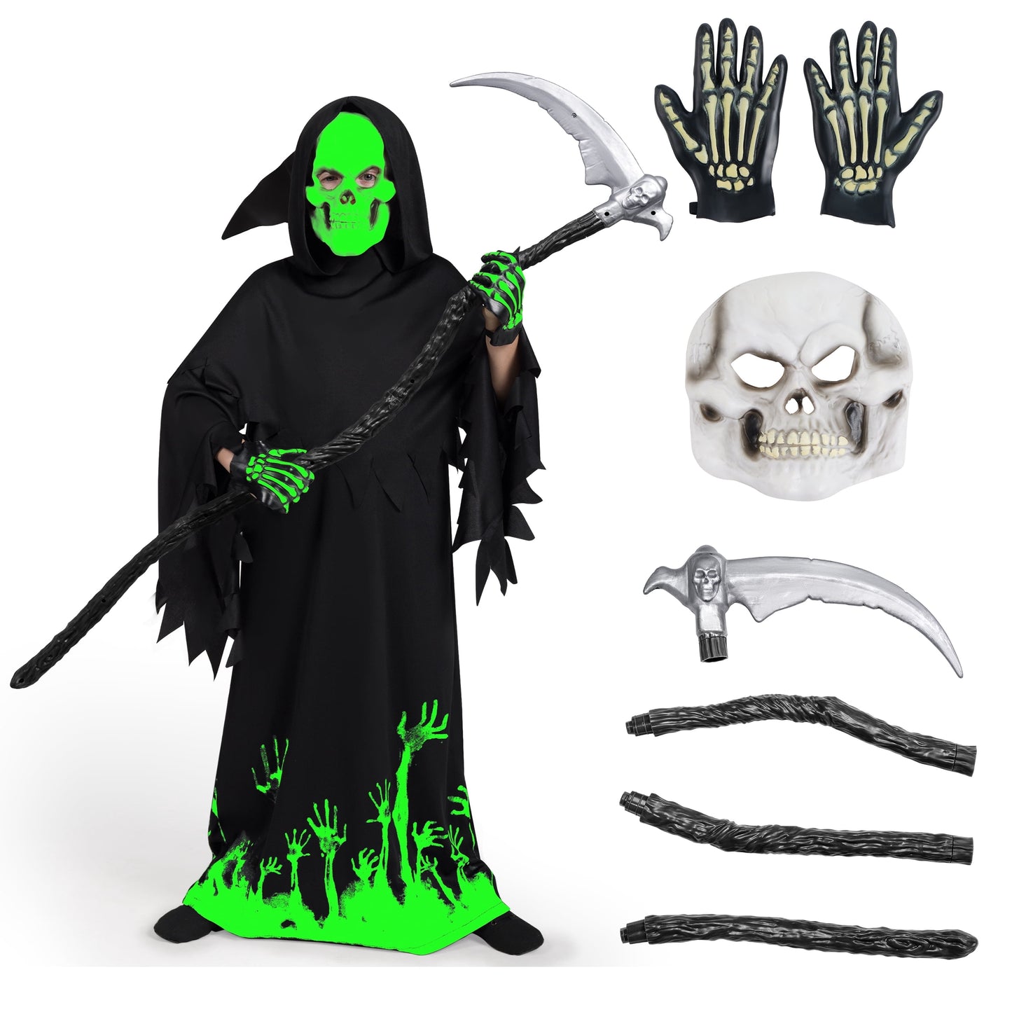 Joyfy Glow in the Dark Grim Reaper Costume for Kids, Phantom Costume for Kids, Scary Halloween Costumes for Fancy Dress Up 5 14 Years