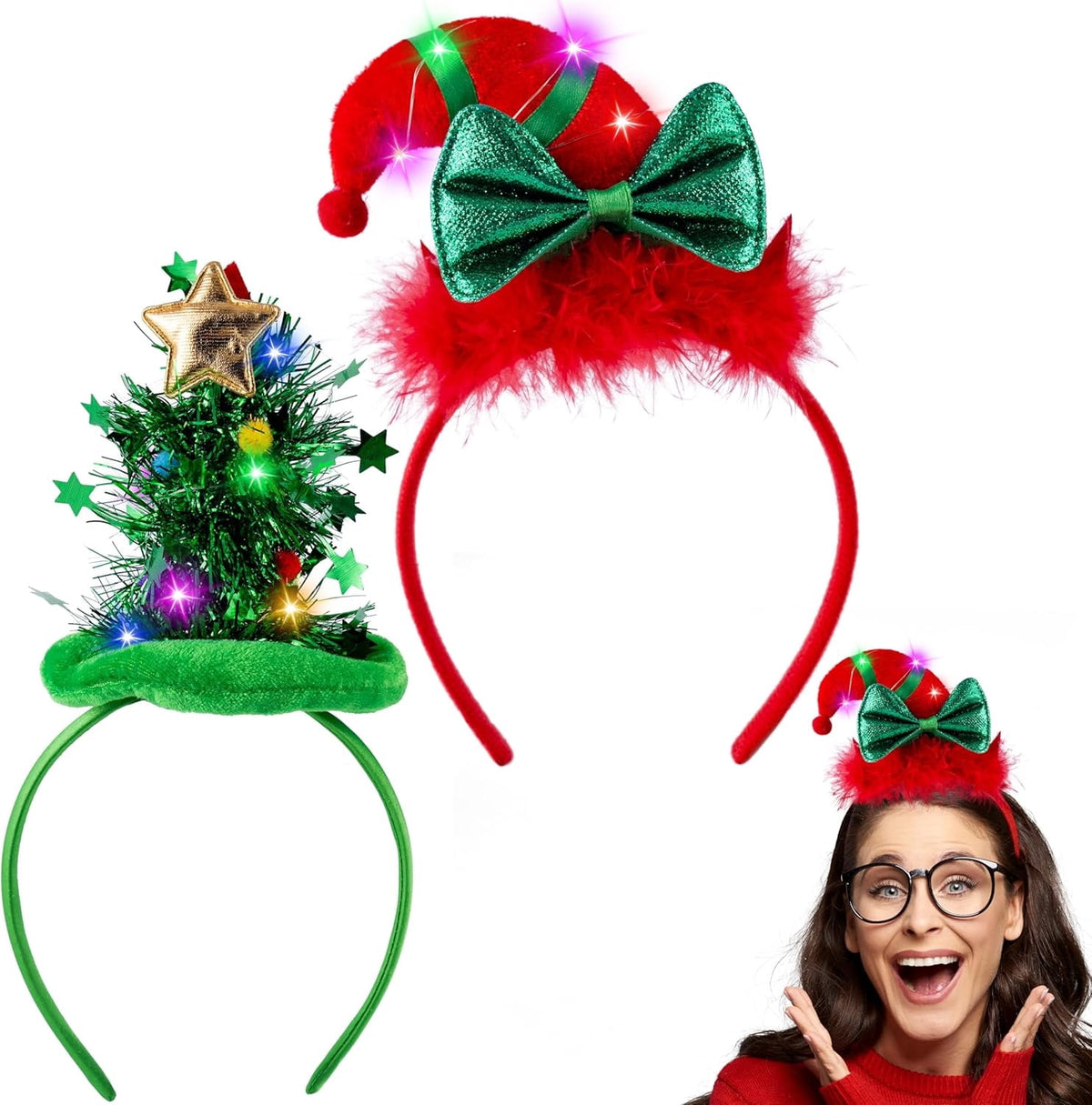 Joyfy 2 Pcs Christmas LED Headband, Tree and Elf Hat Headbands for Xmas and Holiday Parties (One Size)