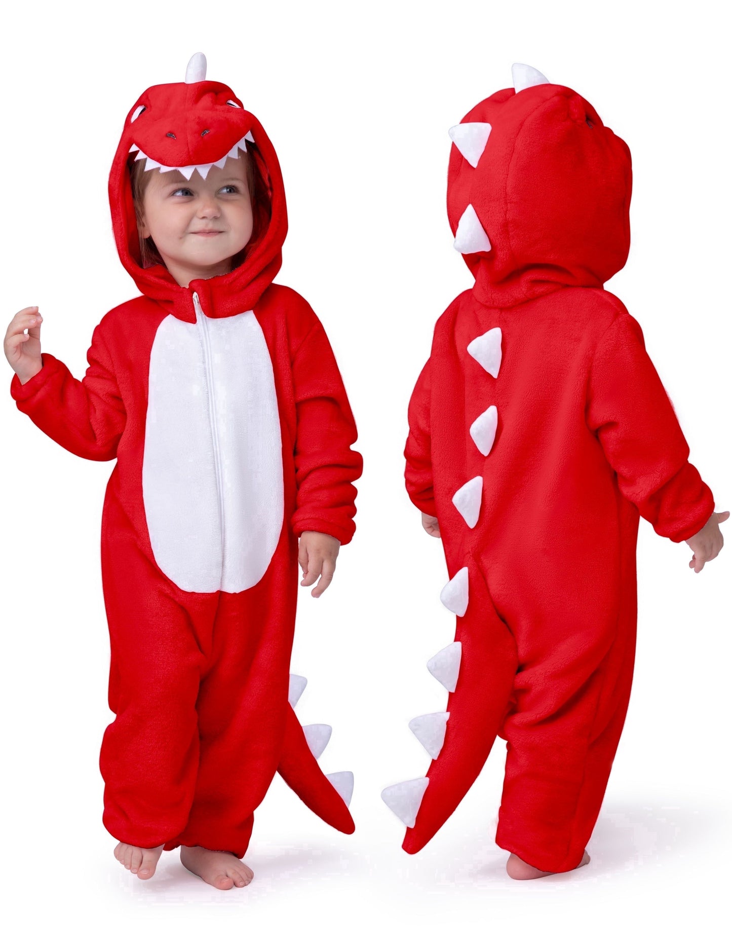 Joyfy Baby Dinosaur Costume for Toddler, Red Hooded Zipper Pajama Jumpsuit for Halloween Dress Up,18-24 Months