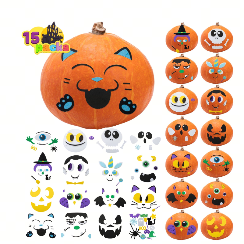 Joyfy 15 Packs Halloween Foam Pumpkin Decorating Stickers with 15 Designs, Halloween Craft Kit Party Favors for Kids, Cute Jack O Lantern Face Stickers School Arts Activities Games Gifts