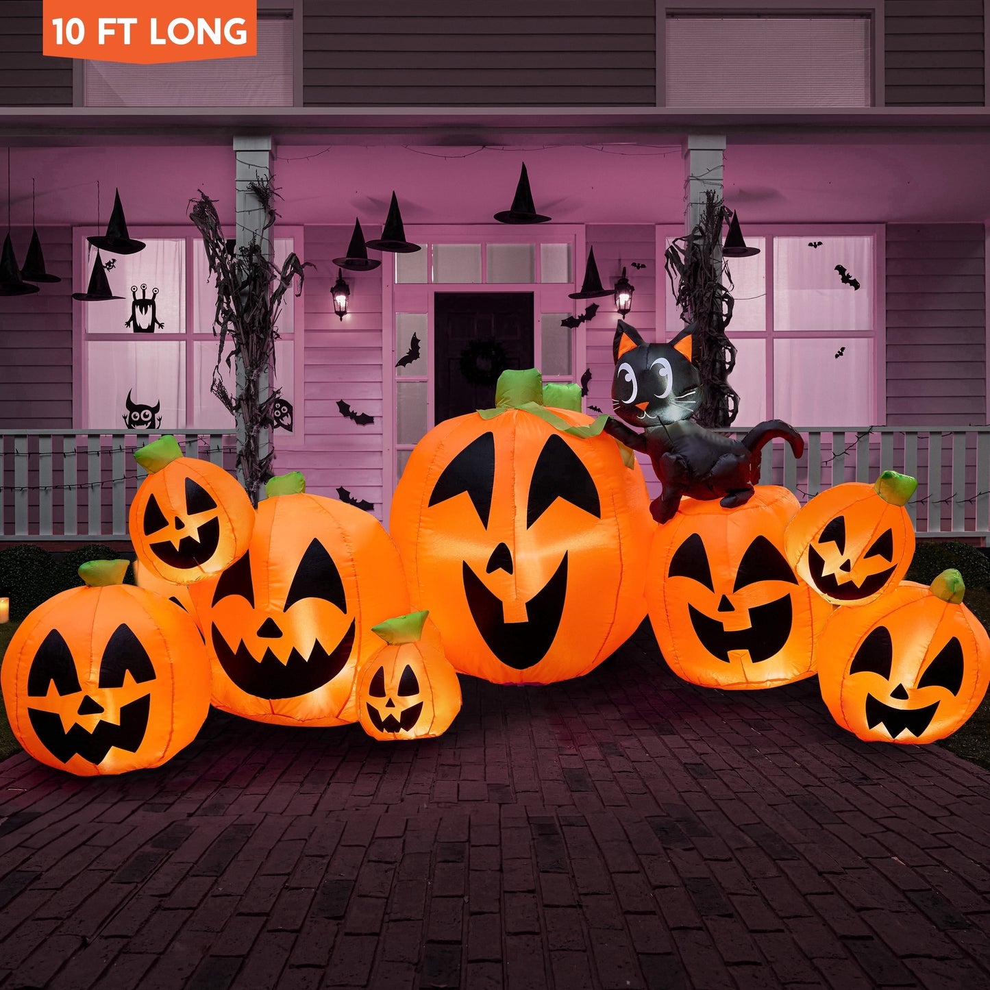 Joyfy 10 FT Halloween Inflatable Long Pumpkin with Witchs Cat Decorations Inflatables with Build-in LEDs,Halloween Decor Outdoor Blow Up Yard Decorations