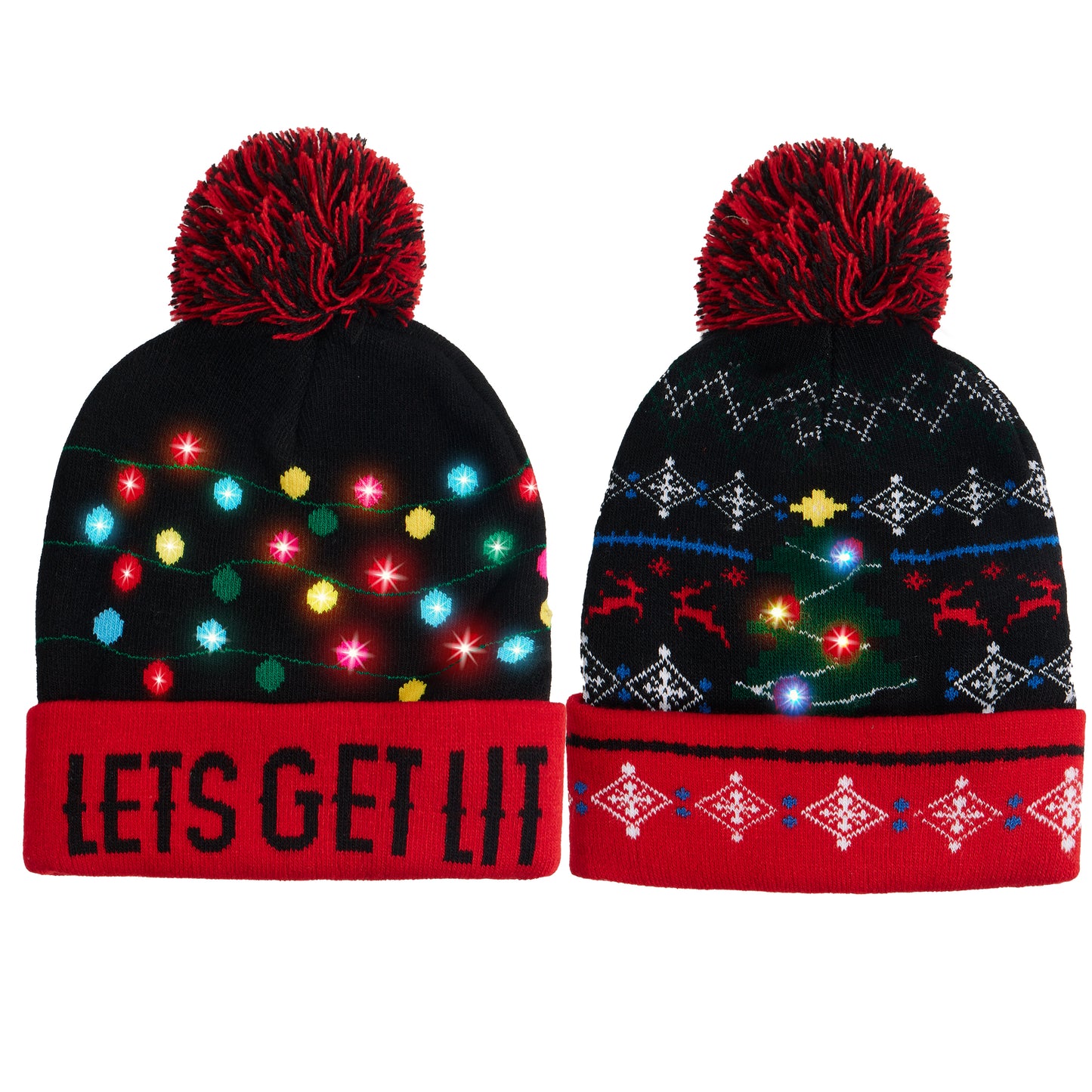 Joyfy 2 Pack LED Christmas Hat,Light Up Ugly Christmas Beanies for Adults,Mens Gifts for Christmas,Funny Hats Christmas Party Favors (Battery Included with 3 Flashing Modes)