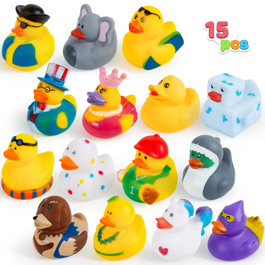 SYNCFUN 15 Pcs Rubber Ducks, Random Assortment Mini Rubber Duckie Toys with Mesh Carry Bag for Kids Baby Bath Shower Toys, Birthday Gifts, Summer Beach Pool Activity, Party Favors