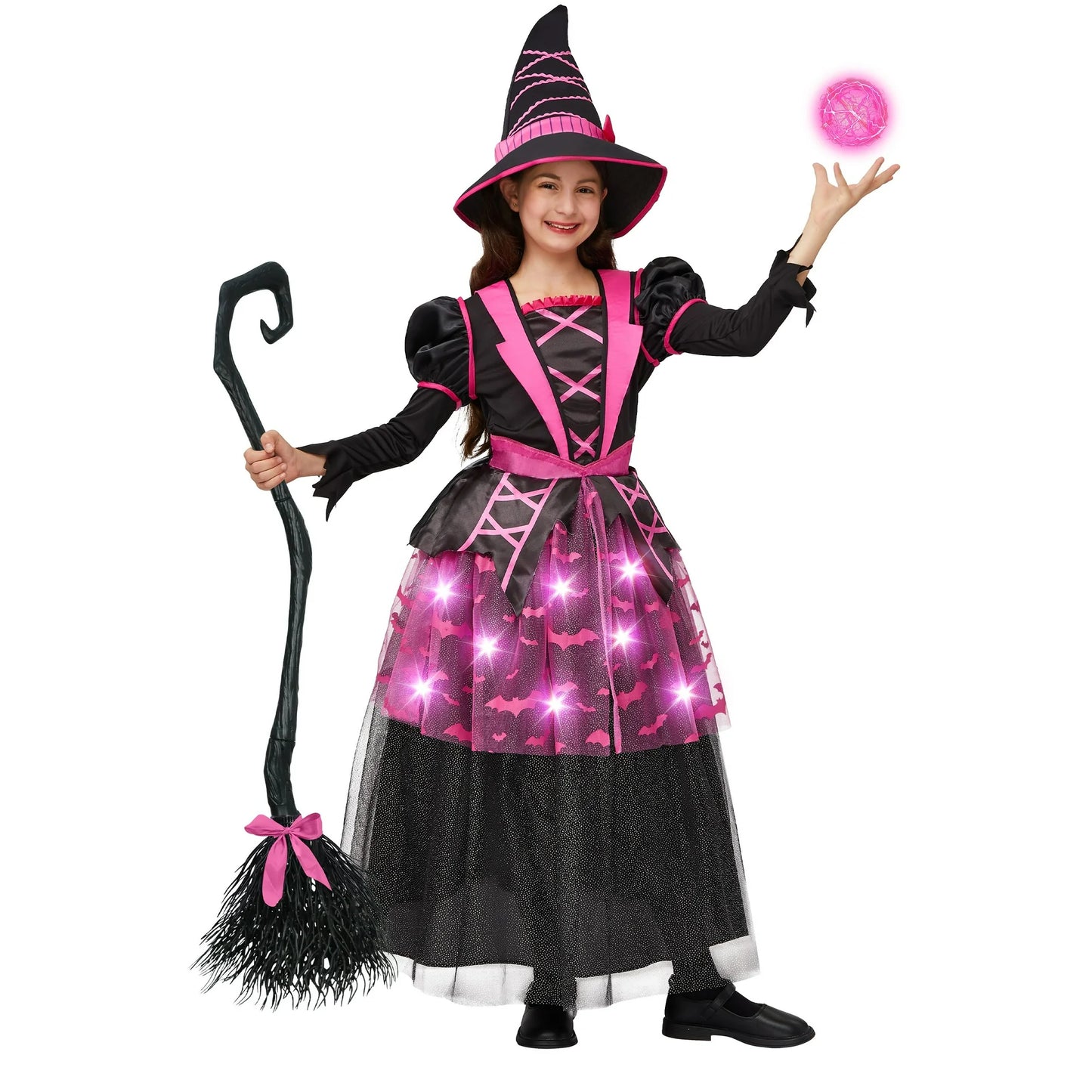 Syncfun Light Up Witch Costume Set for Girls, Starry Witch Dress with Broom Hat for Kids and Toddlers, Perfect for Halloween Party Dress-Up Cosplay Age up to 3