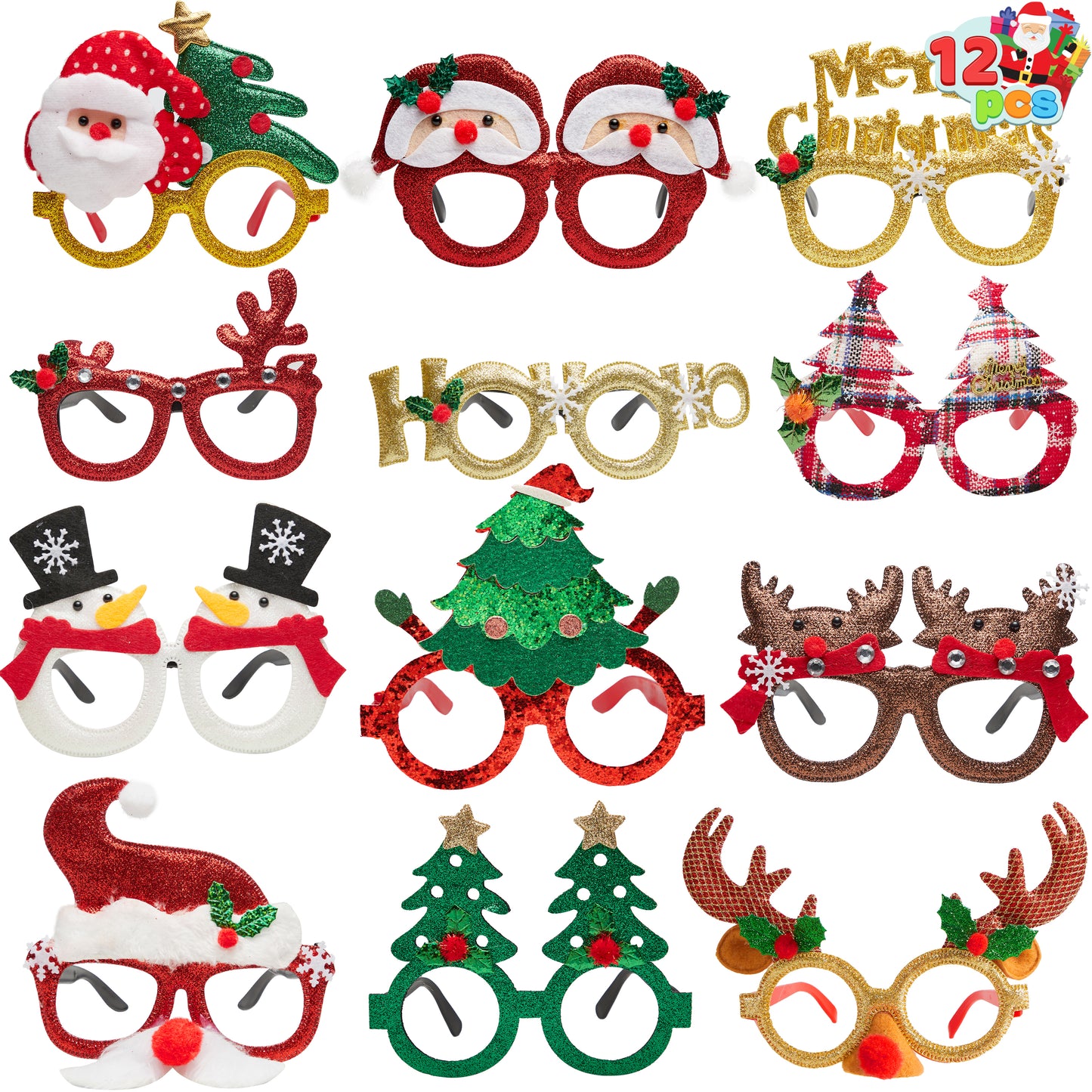 Joyfy 12 Pcs Christmas Eyeglasses Frames Glitter Party Glasses Frames Costume Accessories for Christmas Parties Holiday Favors Photo Booth