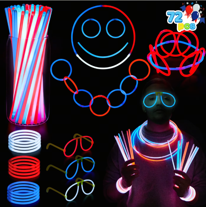 Joyfy 72 Pcs 4th of July Glow Sticks with Connectors, 3-Color Red White Blue Glow in the Dark Sticks, Independence Day Party Favors LED Light Up Toys for Kids and Adults