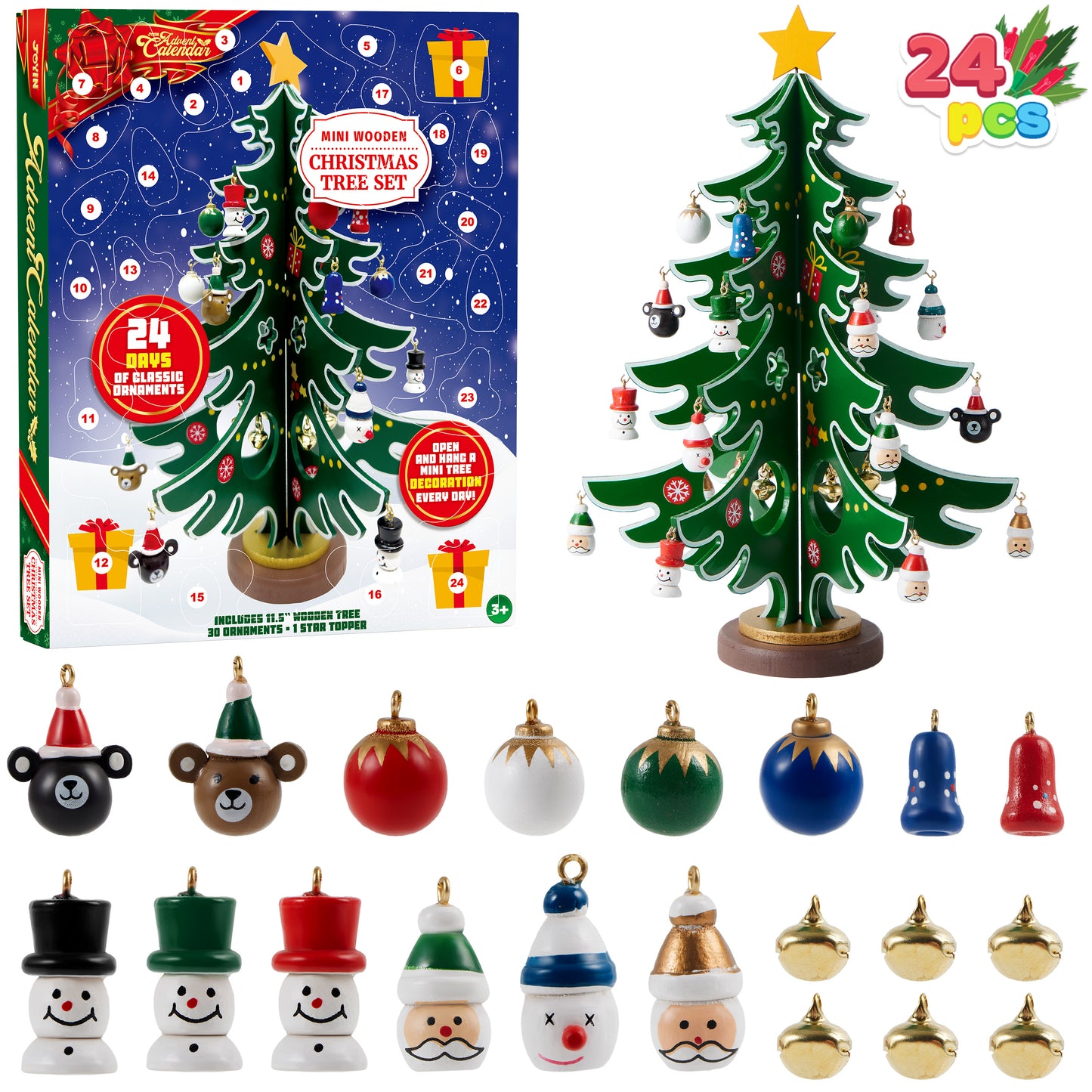 SYNCFUN Christmas Advent Calendar 2024 with a Tabletop Wooden Christmas Tree and 24 Ornaments Snowman Santa Decorations for Boys, Girls and Kids Party Favors, Classroom Prizes, Xmas Gift