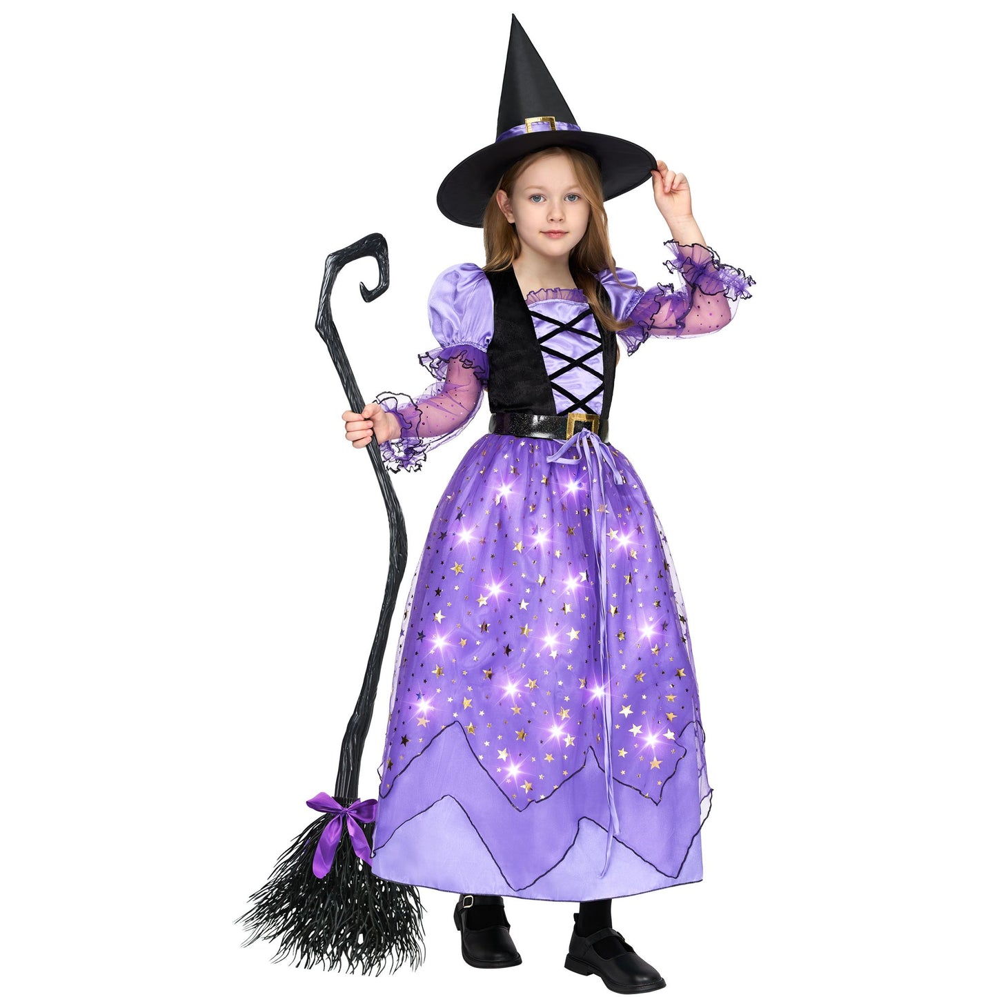 Syncfun Light Up Witch Costume Set for Girls, Starry Witch Dress with Broom Belt Hat for Kids and Toddlers, Perfect for Halloween Party Dress-Up Cosplay (5-12 Years)