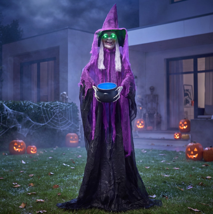 Joyfy 72" Halloween Decorations Outdoor, Sound-Activated Animatronic Standing Witch with Light‑Up Cauldron, Scary Ghost Decor with Creepy Sound and Eyes, for Haunted House Prop Yard Lawn Garden