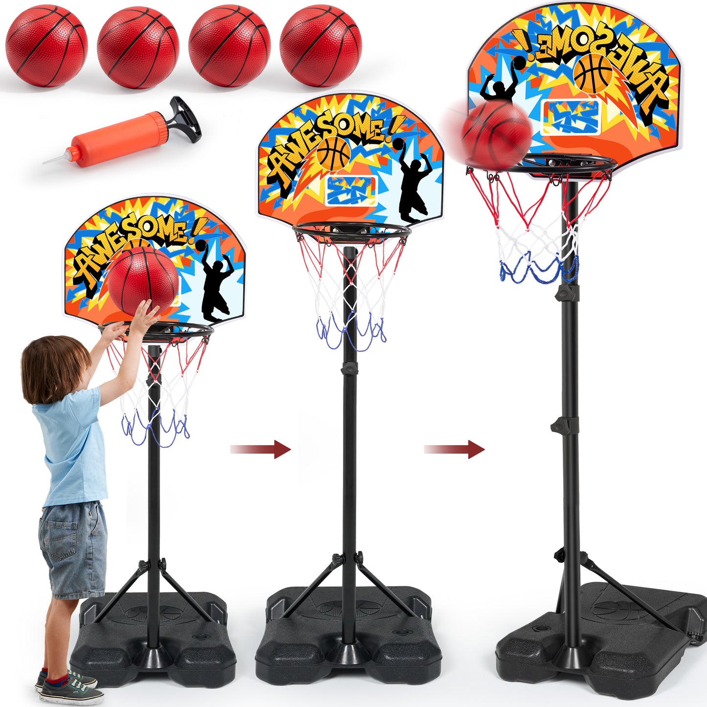 2.8 ft-6.2 ft Adjustable Kids Basketball Hoop with 4 Balls Toddler Baksetball Goal Toy Indoor Outdoor Basket Ball Game Set for Boys Girls Age 3 4 5 6 7 8 Gift