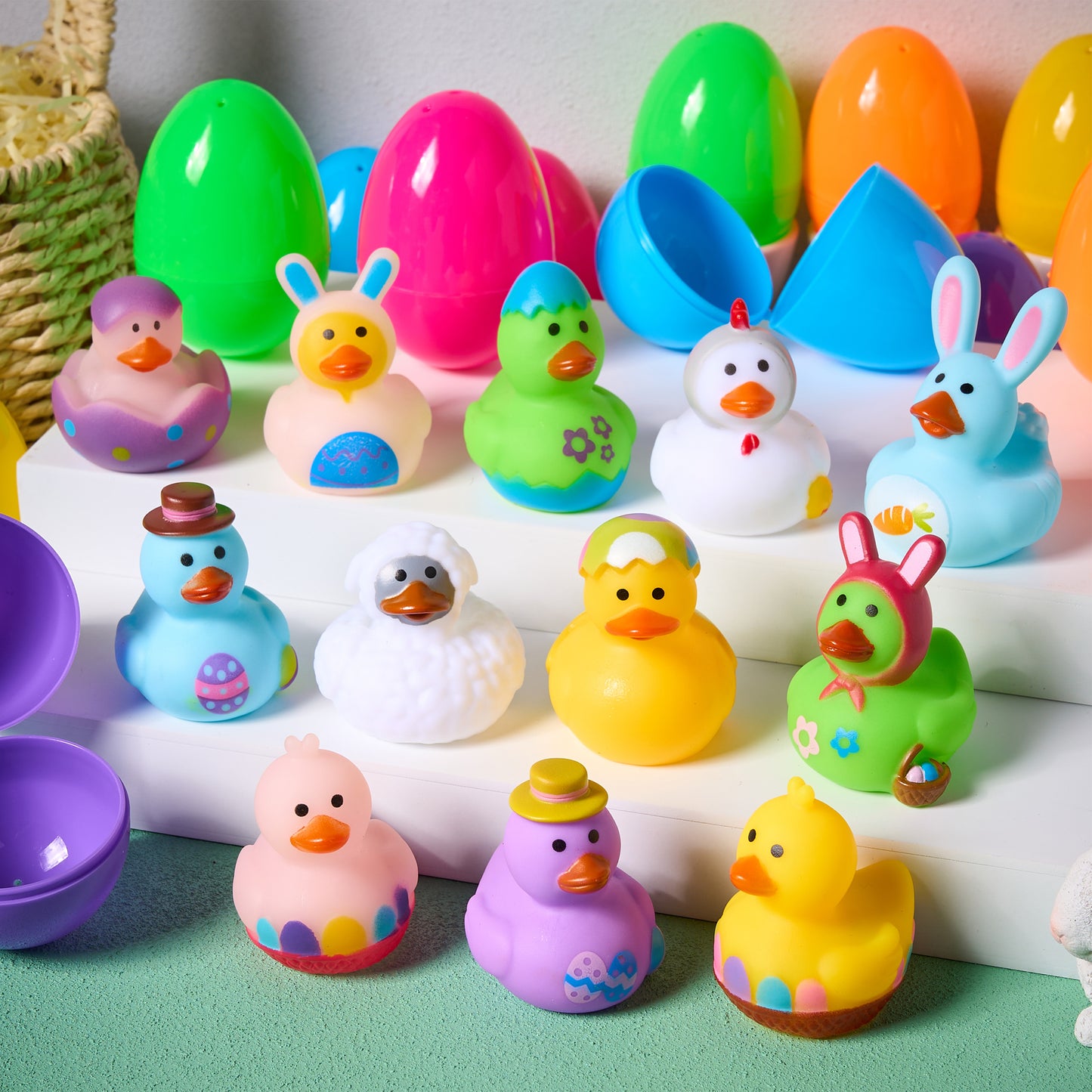 JOYFY 12 pre filled Easter eggs with rubber ducks, Easter baskets for toddlers and babies