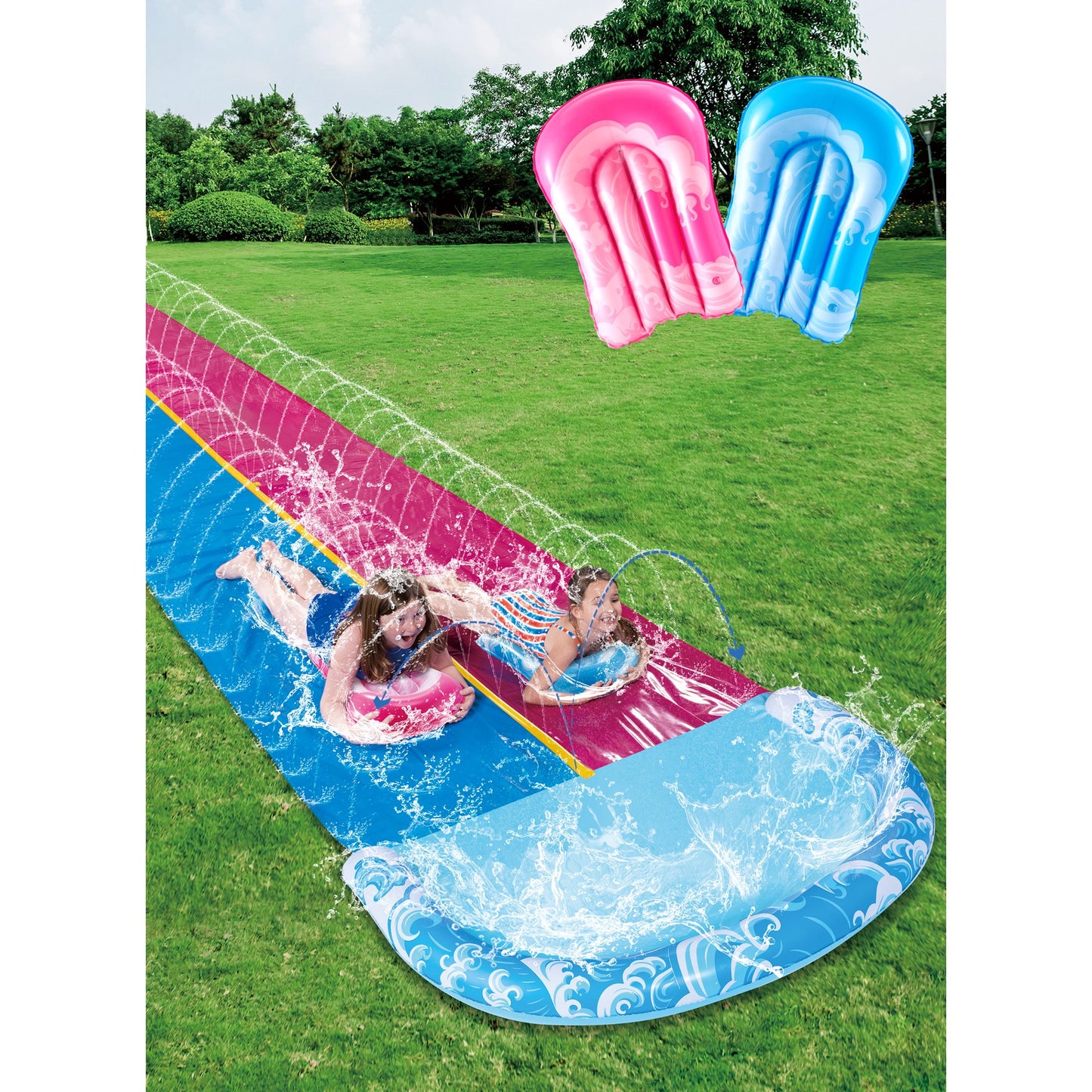 32.5ft Extra Long Water Slide and 2 Inflatable Boards, Heavy Duty Lawn Water Slides 2 Waterslide Slip with Sprinkler for Kids Adults