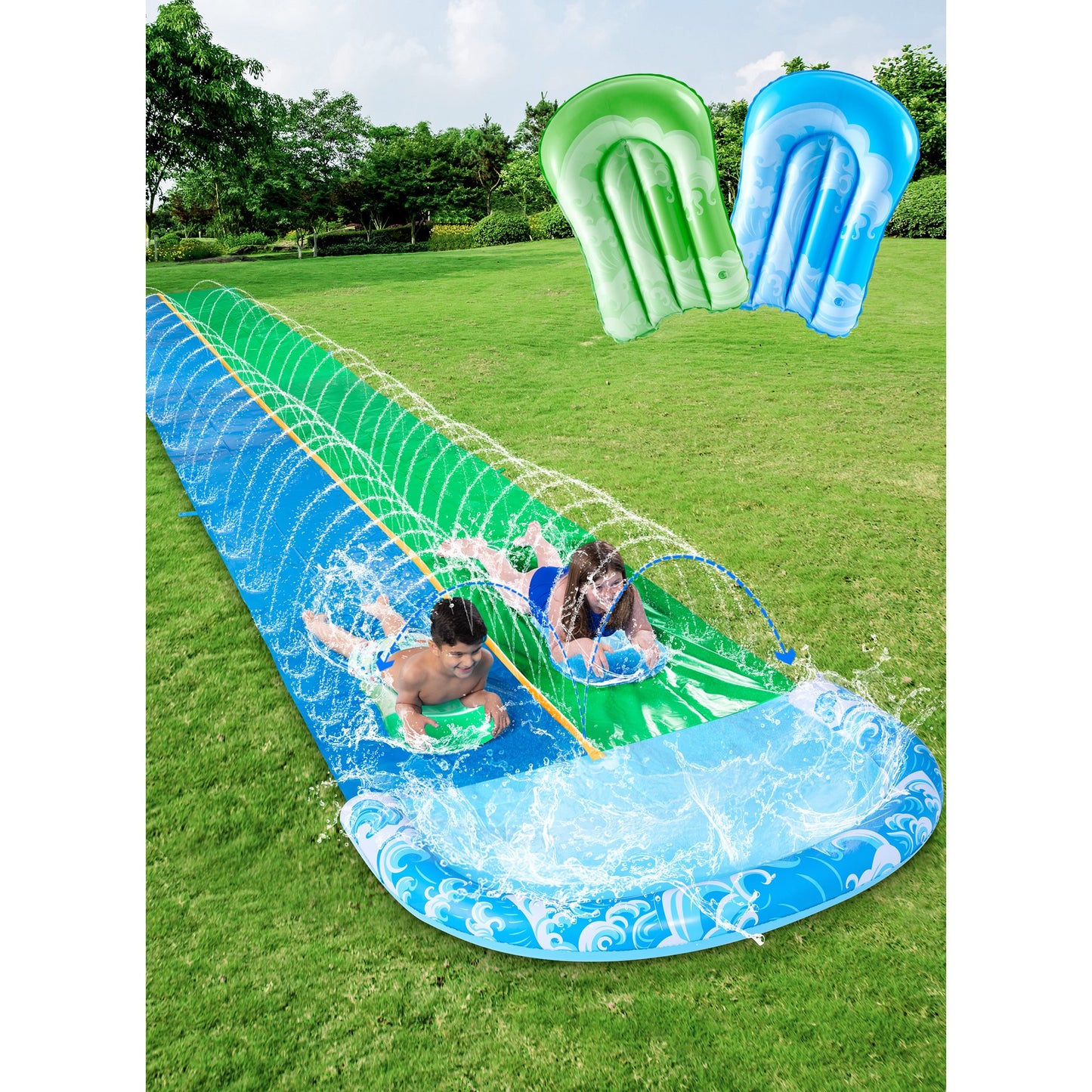 32.5ft Extra Long Water Slide and 2 Inflatable Boards, Heavy Duty Lawn Water Slides 2 Waterslide Slip with Sprinkler for Kids Adults Blue/Green