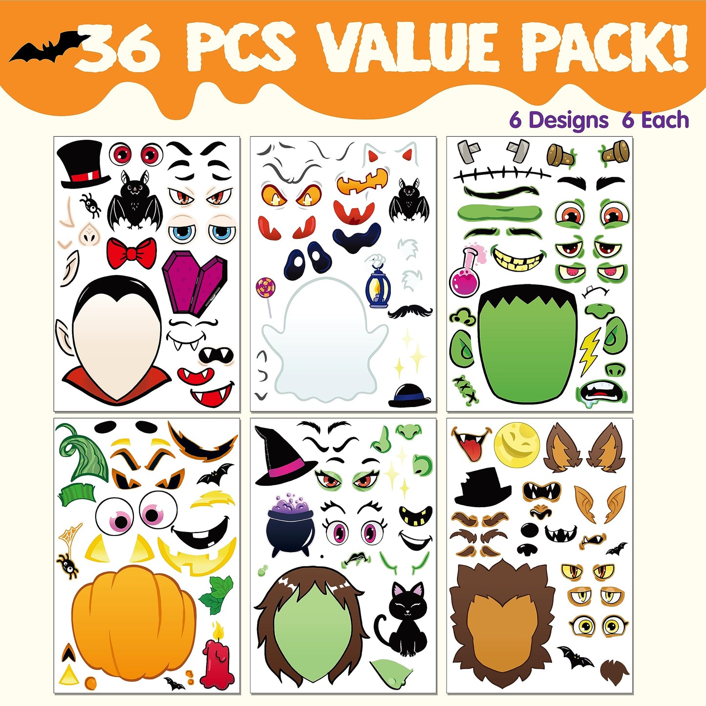 JOYIN 36 PCS Make-a-face Sticker Sheets Make Your Own Halloween Characters Mix and Match Sticker Sheets with Vampire,Witch,Frankenstein,Ghost and More Halloween Kids Party Favor Supplies Craft