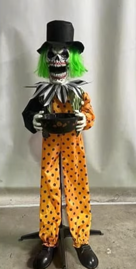 Joyfy 55" Halloween Trick-or-Treat Animatronic Clown Decoration,Sound Activated Life-Size Prop with Candy Spitting Action, Animated Skeleton Clown with Bowl, Scary Haunted House Props for Garden Yard