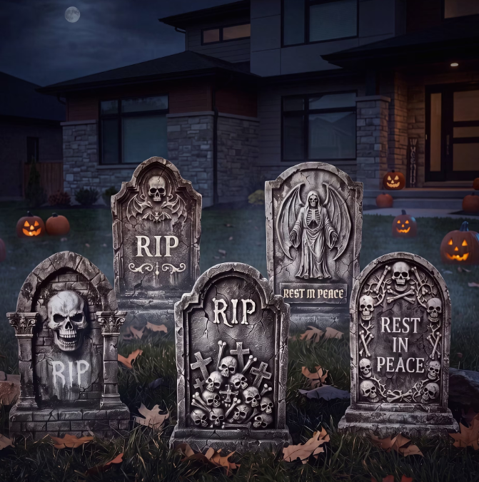 Joyfy 25.2" Halloween 5 Pcs Extra Large Tombstones Decorations, GraveYard Signs Cemetery Headstones Scary Outdoor Halloween Decor with Metal Stakes for Easy Set Up, Waterproof for Garden Lawn