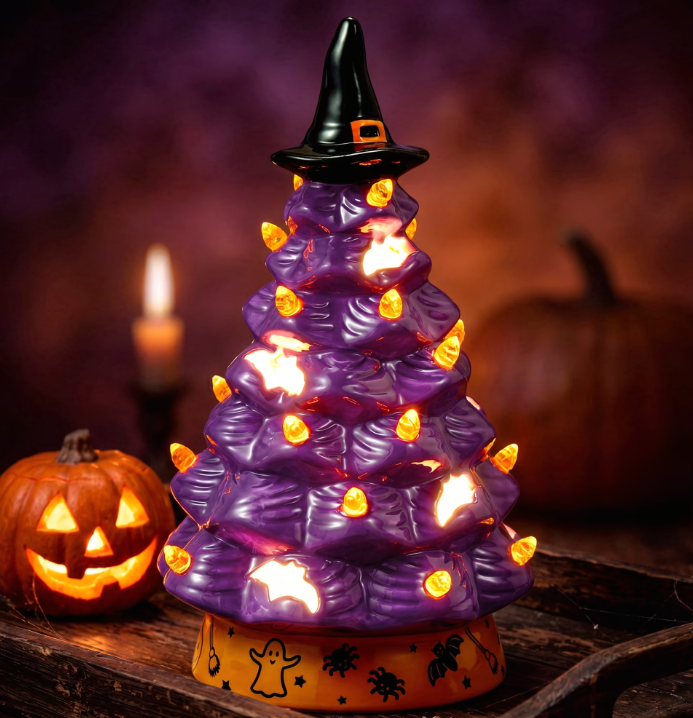 Joyfy 8.5 Inch Halloween Witch Hat Ceramic Tree Decorations, with Bat Cutout Design, LED Light Up Battery Operated, Halloween Decor for Indoor Tabletop Mantel Shelf Party Gifts