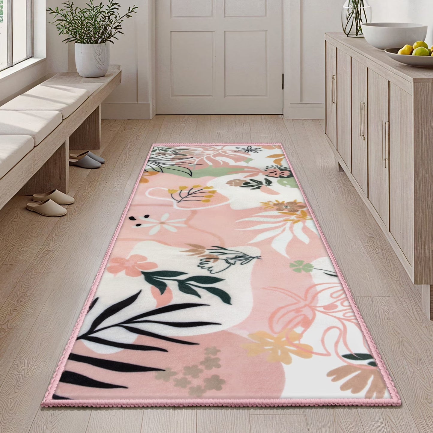 Joyfy Soft Floral Washable Runner Rug 2'x6' Non-Slip Kitchen Carpet with Rubber Backing for Entryway, Laundry, Bedroom, Indoor Use Pink