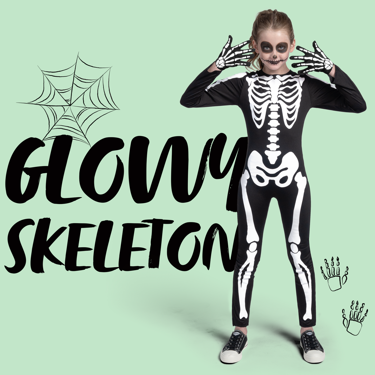 Joyfy Halloween Kids Skeleton Costume, Unisex Glow in the Dark Skeleton Jumpsuit with Gloves for Boys, Girls Halloween Dress Up, Role Play, Cosplay Party