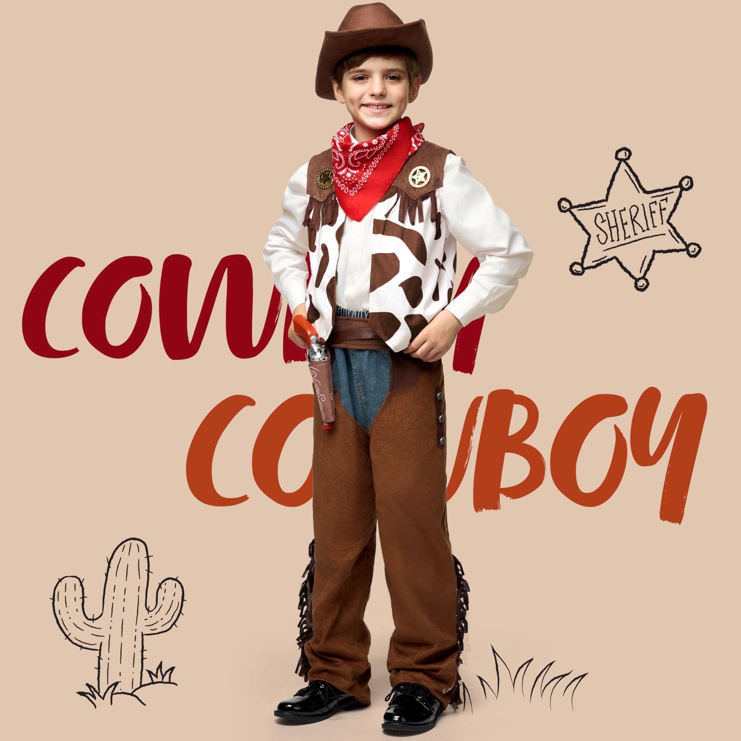 Joyfy Halloween Cowboy Costume for Boys, Kids Cowboy Costume Set, Brown Western Style Cowboy Outfit with Cowboy Hat for Toddler Dress up Party Cosplay