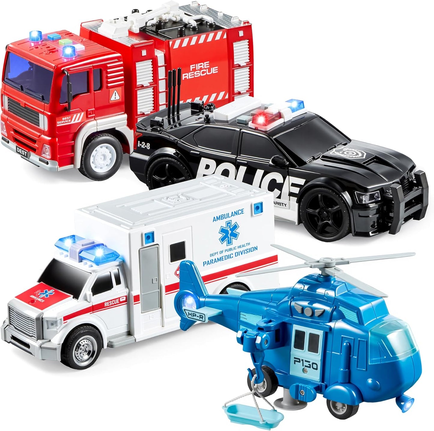 Joyfy 4 Packs Emergency Vehicle Playset, Friction Powered Truck Toy Include Ambulance, Fire Truck, Police Car and Helicopter, Birthday Gifts for 2 3 4 5 6 Years Old