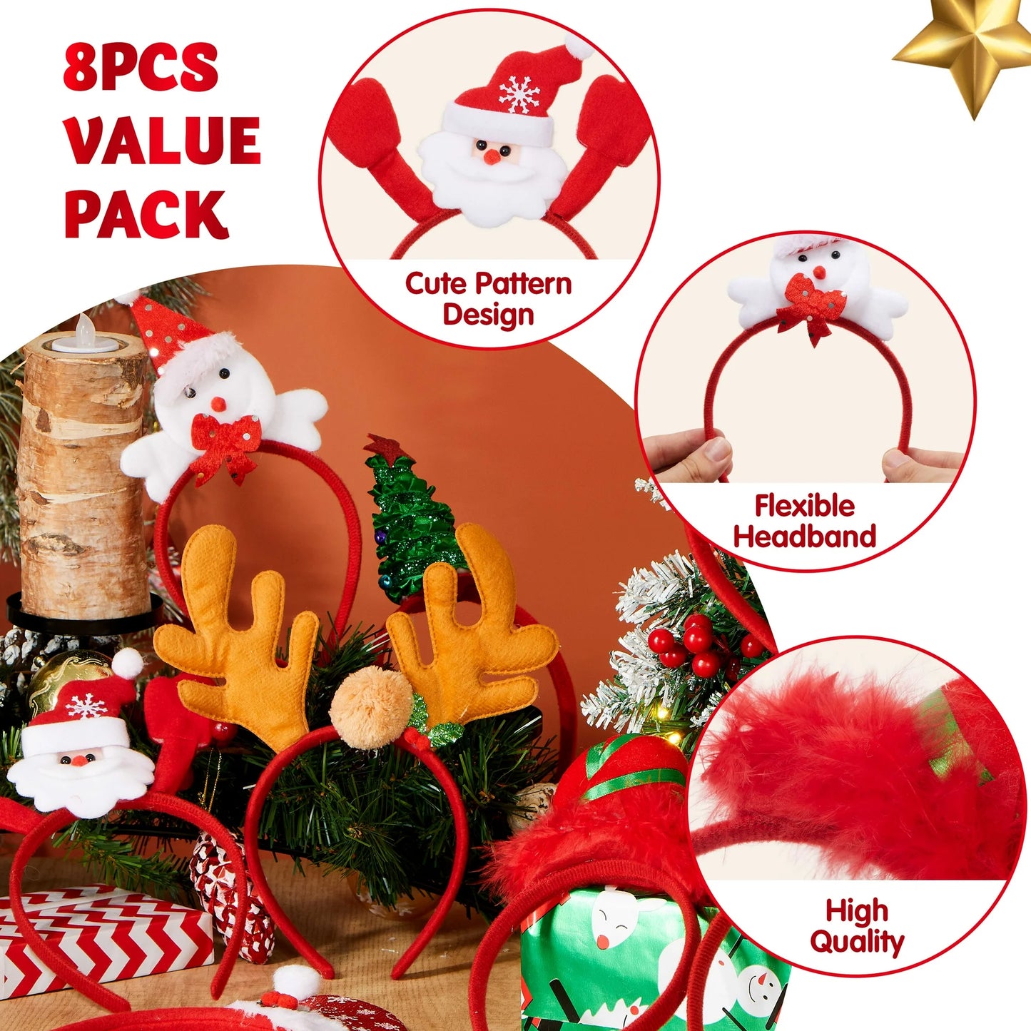 SYNCFUN 8 Pcs Christmas Headbands, Christmas Headwear Christmas Costume Accessories for Women Kids Holiday Party Favors Photo Props ONE Size FIT ALL