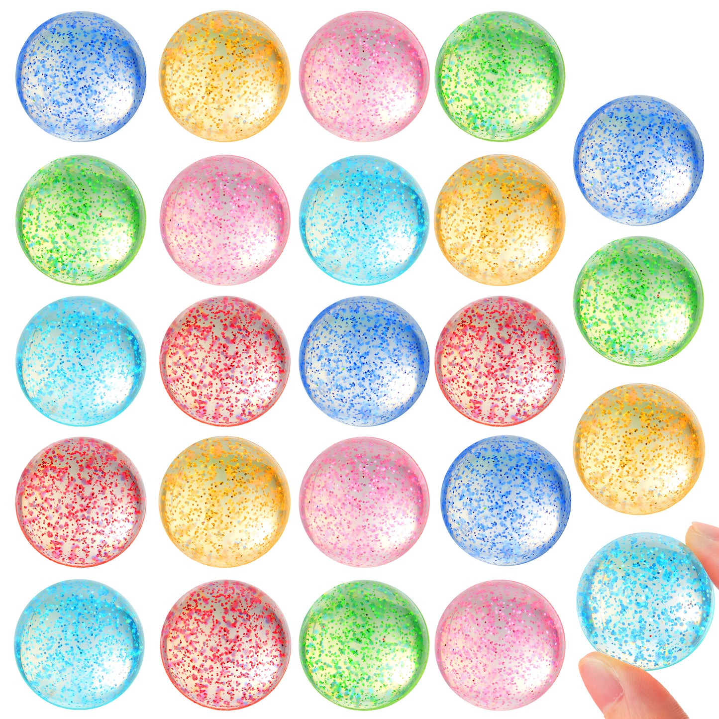 Joyfy 24 Pcs Glitter Bouncing Balls for Kids Party Favors 6 Styles 32mm Assorted Bouncy Balls with Storage Bag, Small Gift for Prize Box Toys, Pinata Stuffers