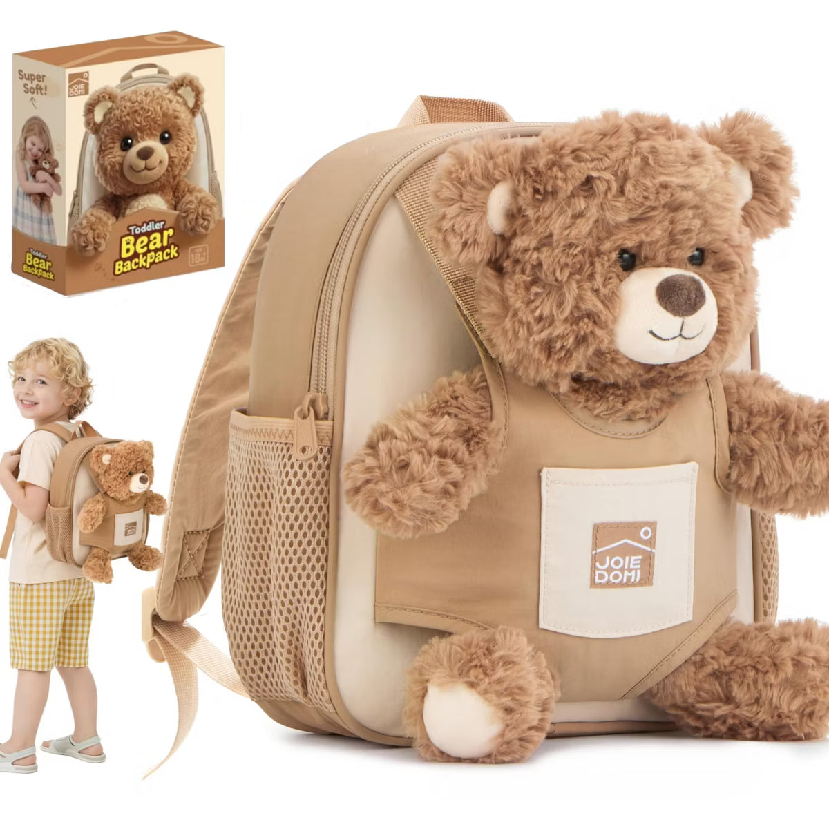 Joyfy Toddler Backpack for Kids Age 2-4 Kid Backpack with Detachable Bear Toy Lightweight Christmas Birthday Gift for Preschool Girl Boy Summer Travel