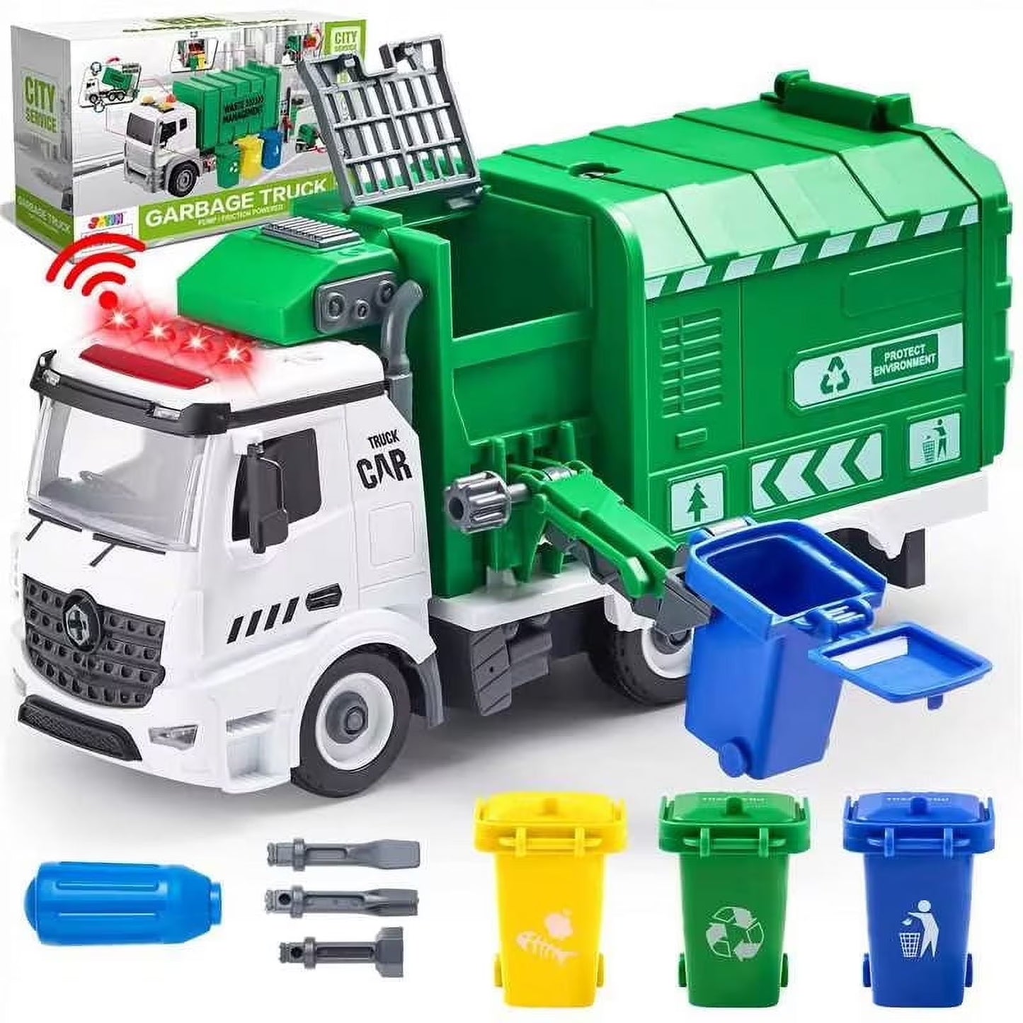 Joyfy Recycling Garbage Truck Toy for Boys, Assembly Friction Powered Side-Dump Garbage Toy with Light and Sounds, Toy Truck Christmas Girthday Gift for Boy Age 2 3 4 5 Years Old