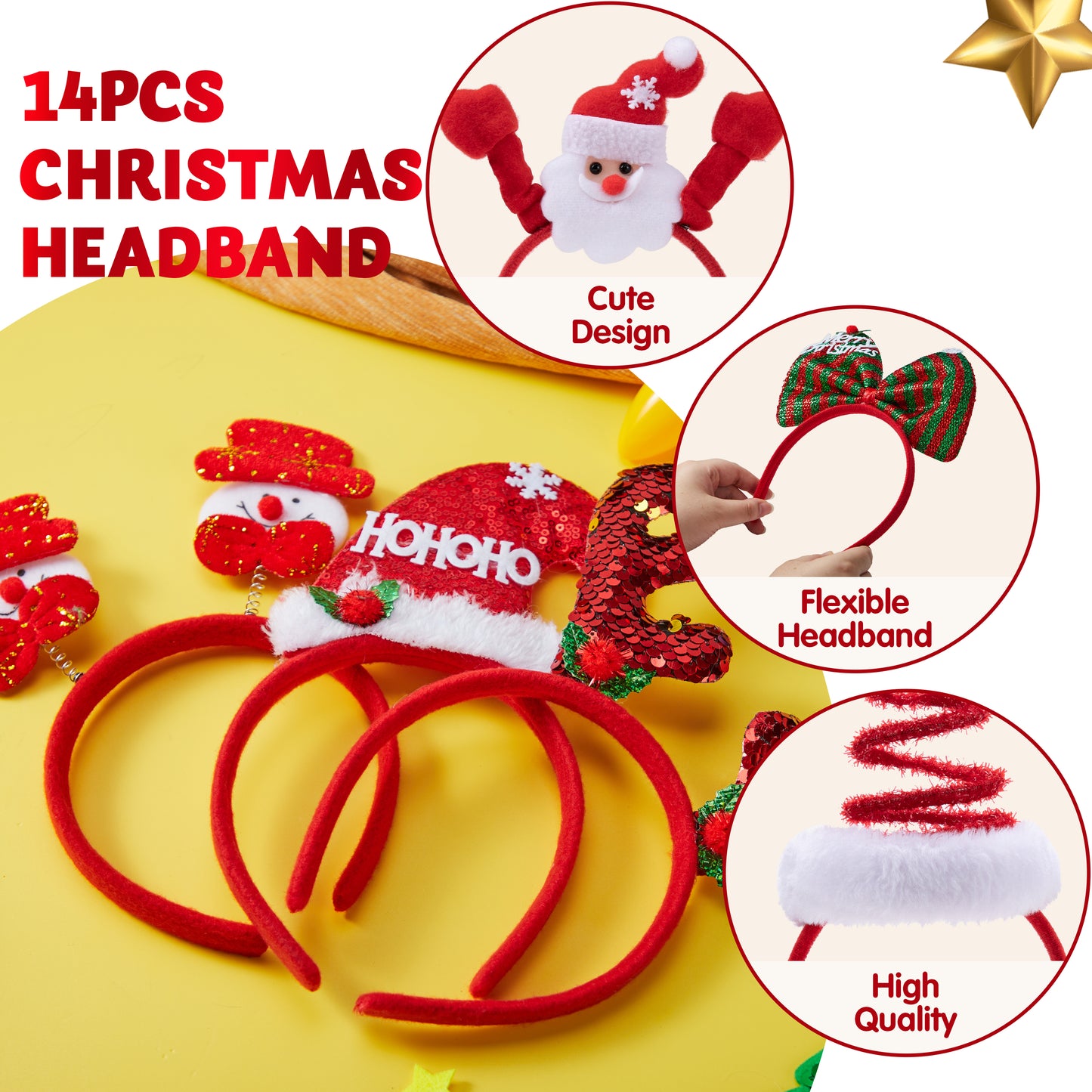 SYNCFUN 14 Pcs Christmas Headbands with Different Designs Santa Holiday Headbands for Kids Women Adult Xmas Party Favors (ONE Size FIT ALL)