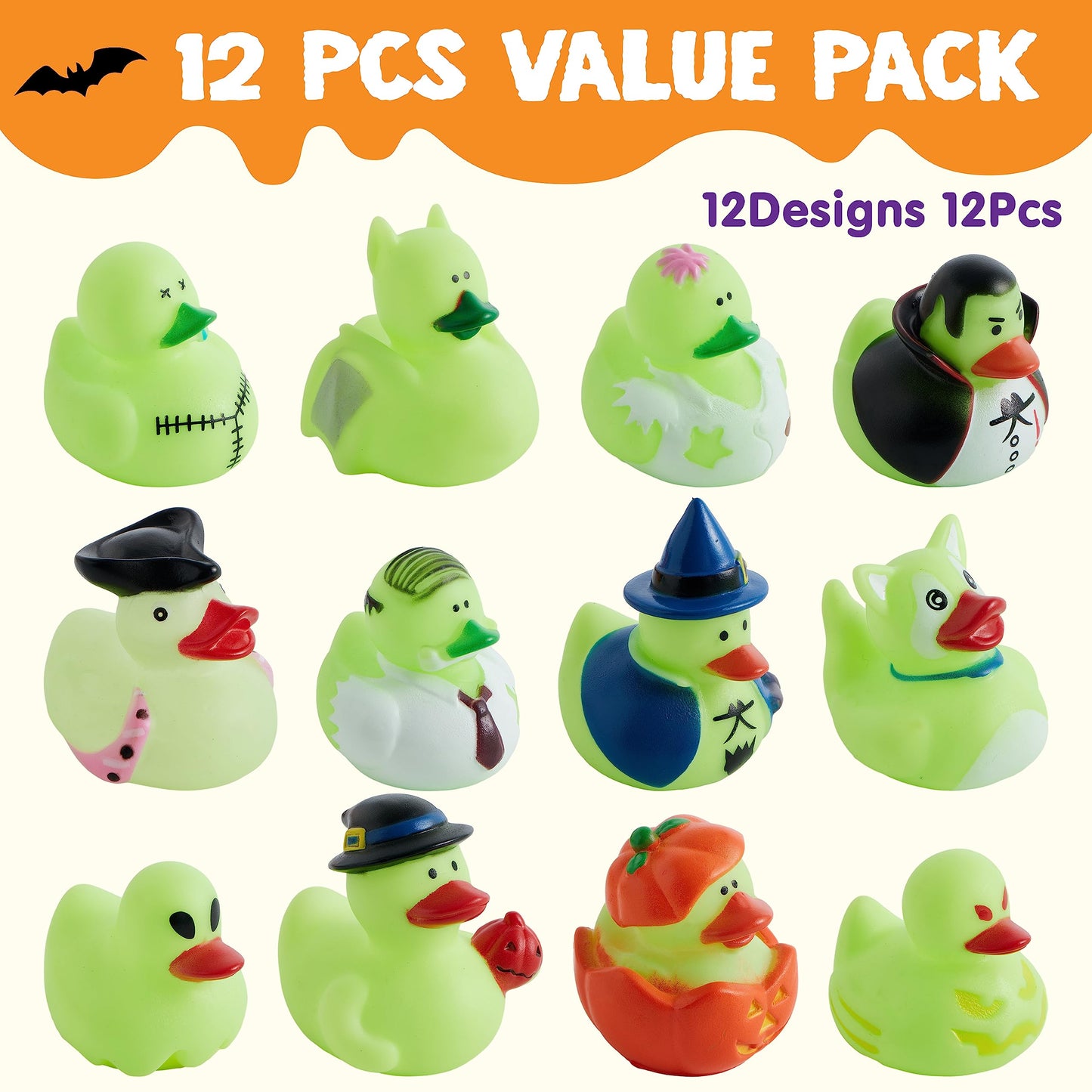 SYNCFUN 12 Pcs Halloween Rubber Ducks,Halloween Toys Glow-in-The-Dark Rubber Ducks in Bulk for Baby Toddlers Kids,Halloween Bath Toy Basket Prizes,Halloween Toys for Trick or Treaters