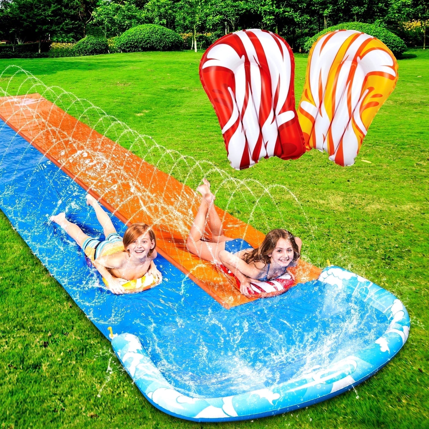 Joyfy 22.5ft Water Slides and 2 Bodyboards, Lawn Backyard Waterslides Water Toy with Build Sprinkler for Kids Outdoor Water Fun