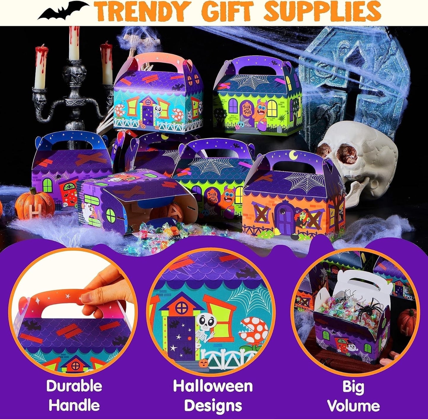 Joyfy 32 PCS Halloween Treat Boxes,Cardboard Paper Boxes with Carry Handles,Goodie Bags 5.6 x5.6 x3.2 Trick or Treat for Kids, Halloween Party Favors for Kids