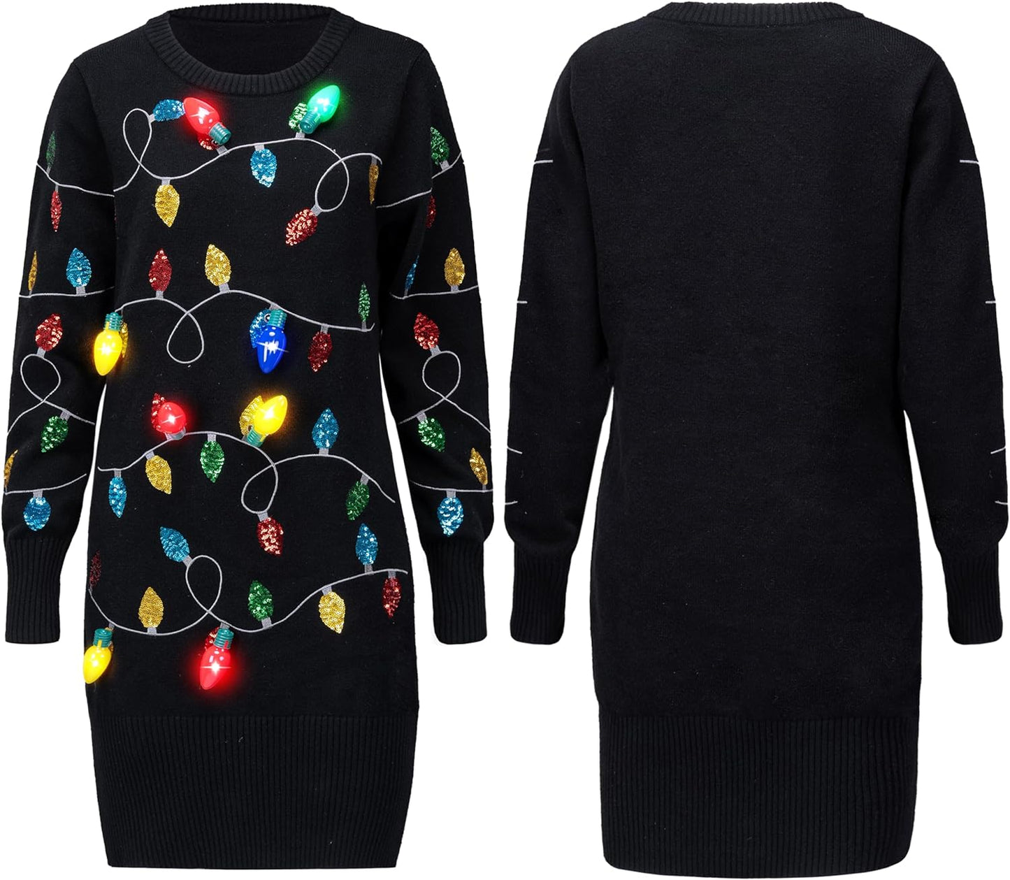 SYNCFUN Light Up Christmas Sweater Dress,Ugly Christmas Sweaters for Women,Funny Black Long Christmas Dress for Women 2024