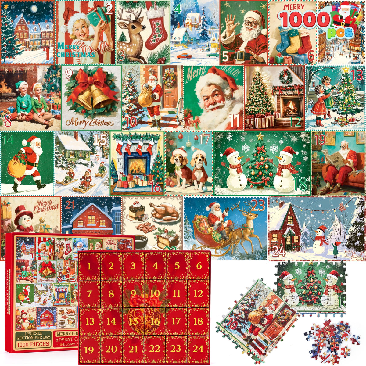 Joyfy 1000 Pcs Christmas Advent Calendar 2026 Puzzle, 24 Days Countdown Santa Puzzle Set with Holiday Decor for Kids Party Favors, Classroom Prizes and Xmas Gifts
