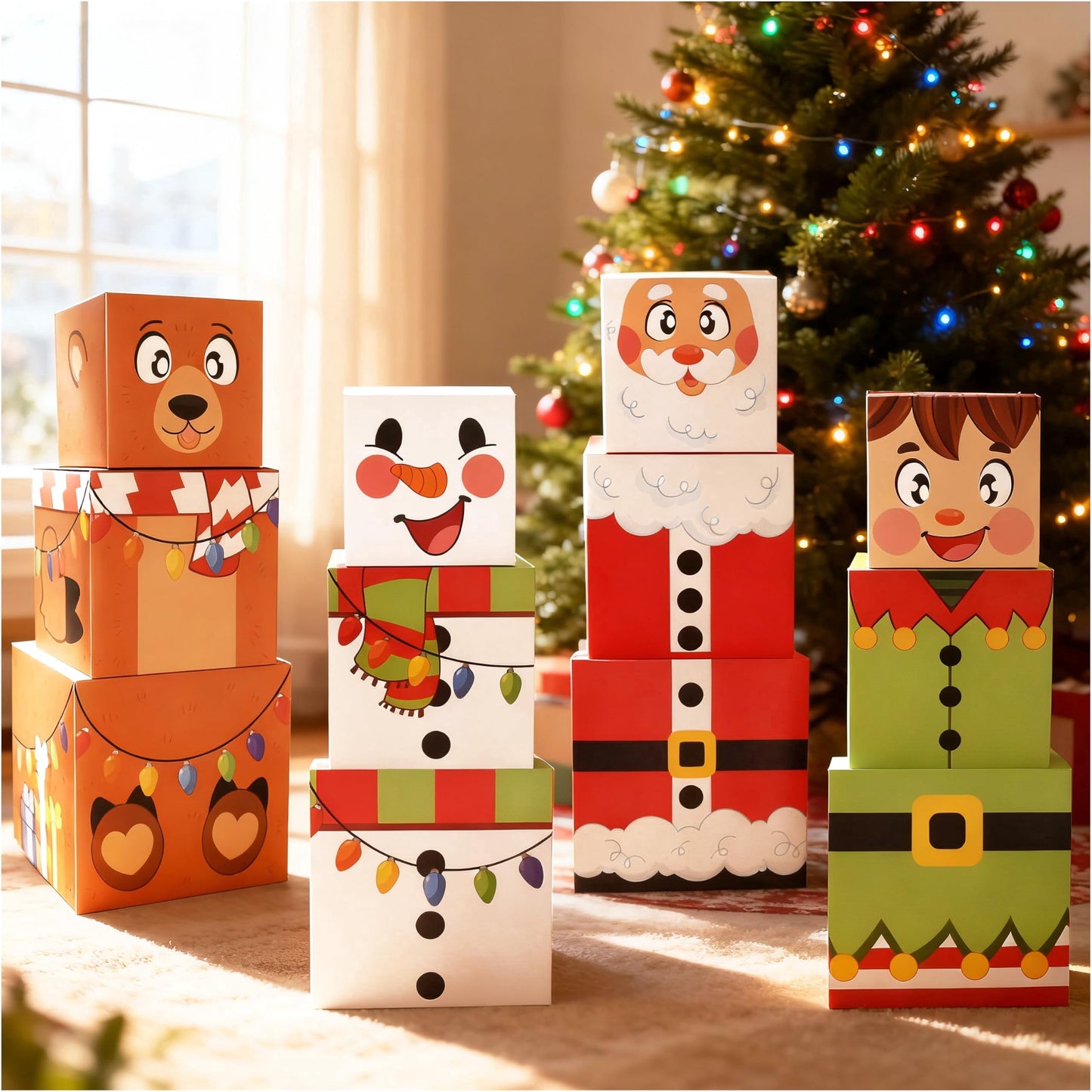 Joyfy 12 Pcs Christmas Snowman Stacking Boxes with Lids, 4 Design Large Decorative Stackable Boxes, Nesting Boxes, Xmas Stackable Gift Box for Christmas Holiday and Winter Decorations