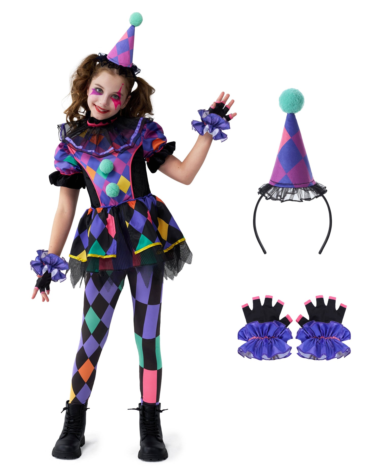 Joyfy Girls Clown Costume, Halloween Scary Clown Costume, Dark Colorful Twisted Clown Jester Dress for Girls Halloween Dress Up, Role Play, Cosplay Party