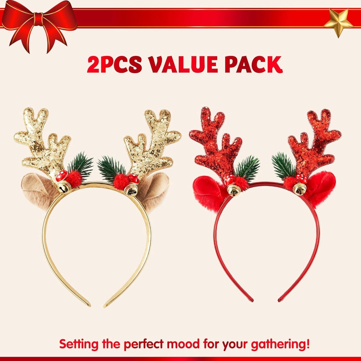 Joyfy 2 Pcs Golden & Red Reindeer Headbands with Glitters, Christmas Headbands for Xmas and Holiday Parties (One Size)