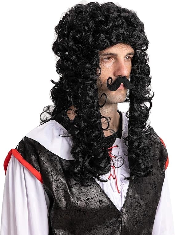 Joyfy Men's Black Pirate Wig with Mustache, 2 Piece Halloween Costume Set for Adults for Cosplay Party and Themed Dress Up Events