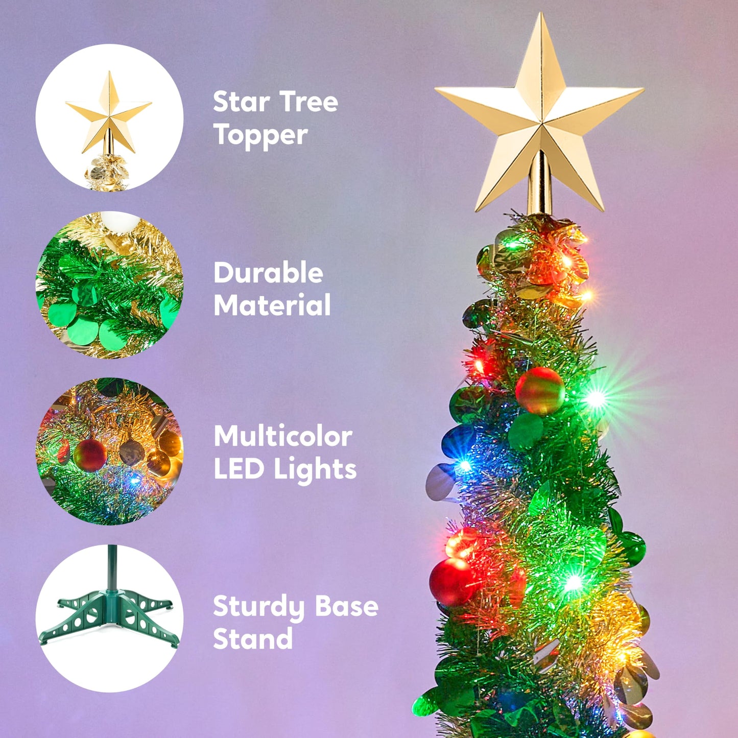 5ft Pop up Christmas Tree,Artificial Pencil Tinsel Xmas Trees with Lights and Ornaments,Collapsible Christmas Tree with Timer for Xmas Decorations Indoor Outdoor Holiday Party