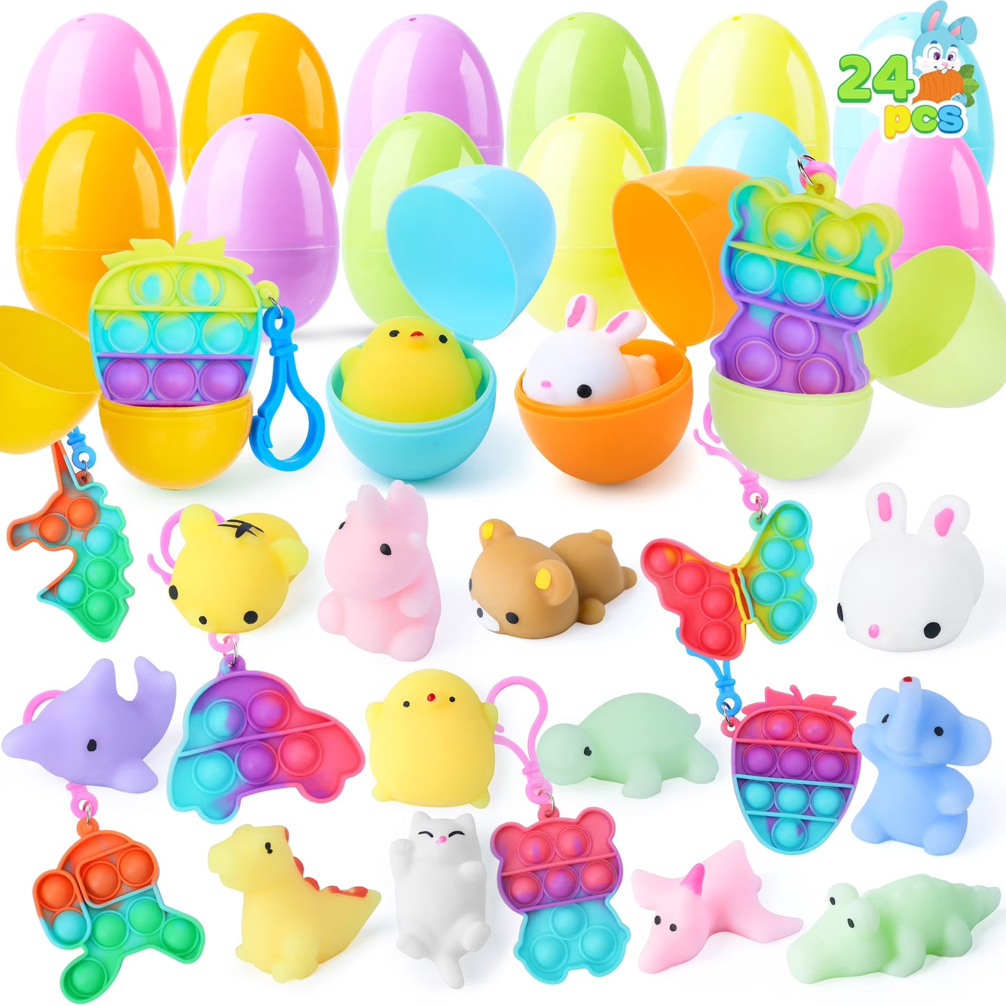 Joyfy 24 Packs Prefilled Easter Egg,Easter Egg with Mochi and Pop Bubble Toys Inside,Easter Basket Stuffers for Kids Easter Basket Classroom Exchange Toddler Boys Girls