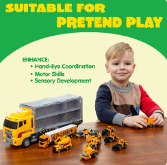 Joyfy 19 in 1 Die-cast Construction Toy Truck with Little Figures, Mini Construction Vehicles in Big Carrier Truck, Patrol Rescue Helicopter for Boys Aged 3+