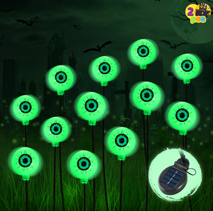 Joyfy 2 Pack Halloween Decorations Outdoor Solar Scary Eyeball Lights,Green Eyeball Swaying Firefly Lights,Waterproof Solar Halloween Path Lights for Yard Garden Lawn Decor