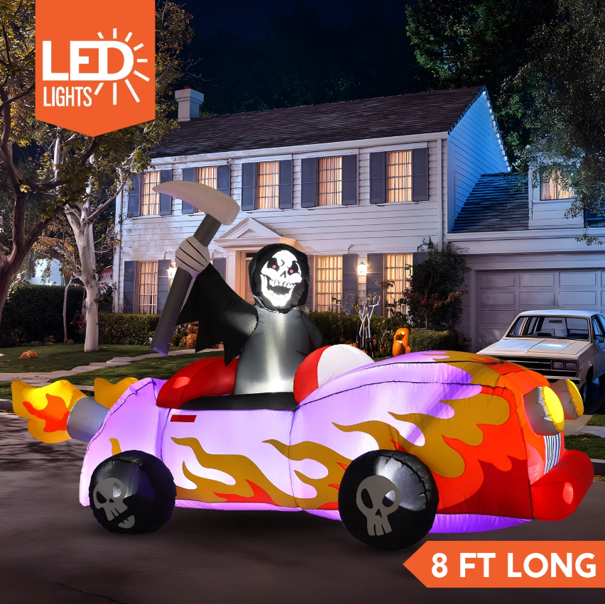Joyfy 8ft Long Halloween Inflatables Grim Reaper Driving Car Outdoor Decorations,Spooky Grim Reaper Carriage Built-in LEDs,Blow Up Halloween Decoration for Yard