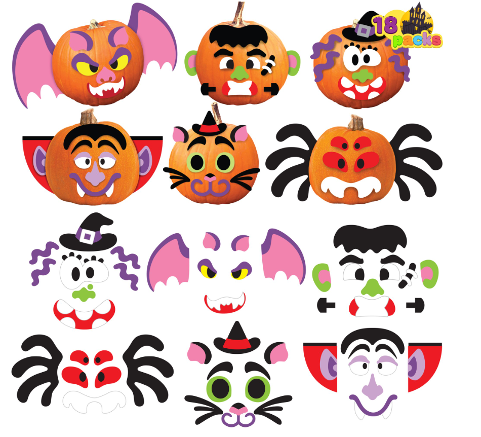 Joyfy 18 Packs Halloween Pumpkin Decorations Kit for Kids,Foam Pumpkin Face Stickers Halloween Party Supplies Halloween Favors Pumpkin Painting Kit