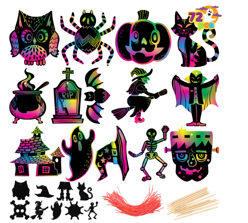 Joyfy 72 Pcs Halloween Crafts for Kids,Rainbow Scratch Art Crafts for Kid,Magic Rainbow Scratch Paper Off Cards Set for Halloween Crafts,Arts Supplies, Classroom Activities