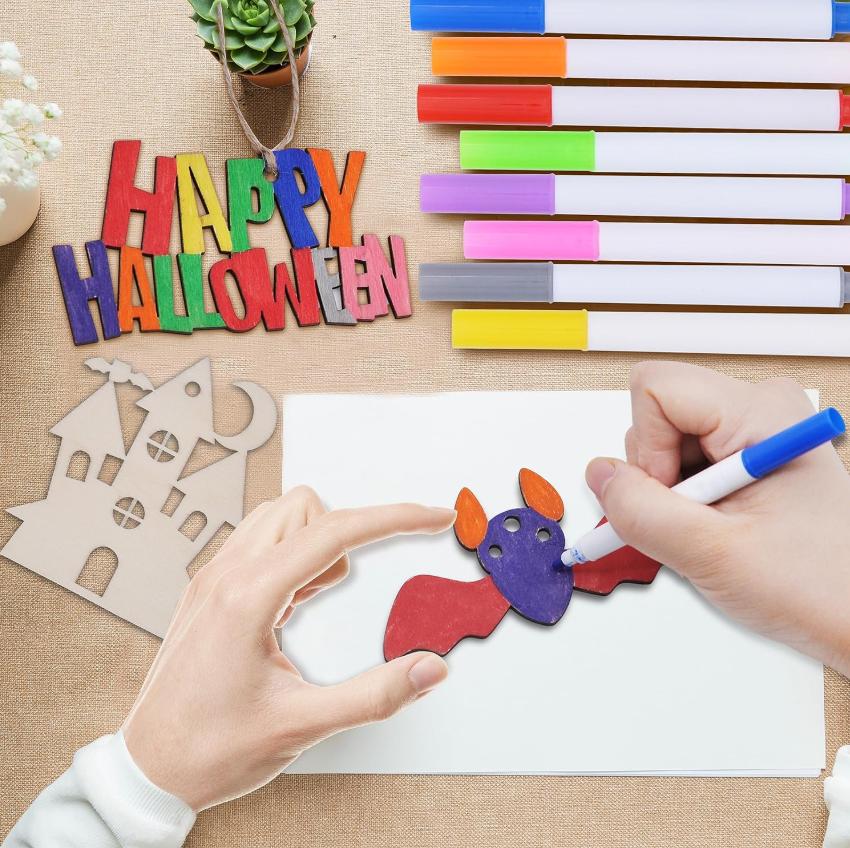 Joyfy 60 Pcs Halloween Crafts Wooden Painting Kit Party Supplies,DIY Wood Blank Cutouts Ornaments for Kids Halloween Hanging Decorations