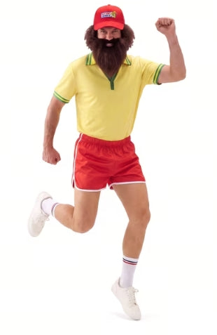 Joyfy Running Costume For Men Adult 90s Retro Costumes Set Butter Yellow Polo Shirt Shorts with Cap, Wig Beard Outfits Set for Halloween Party Dress up Cosplay